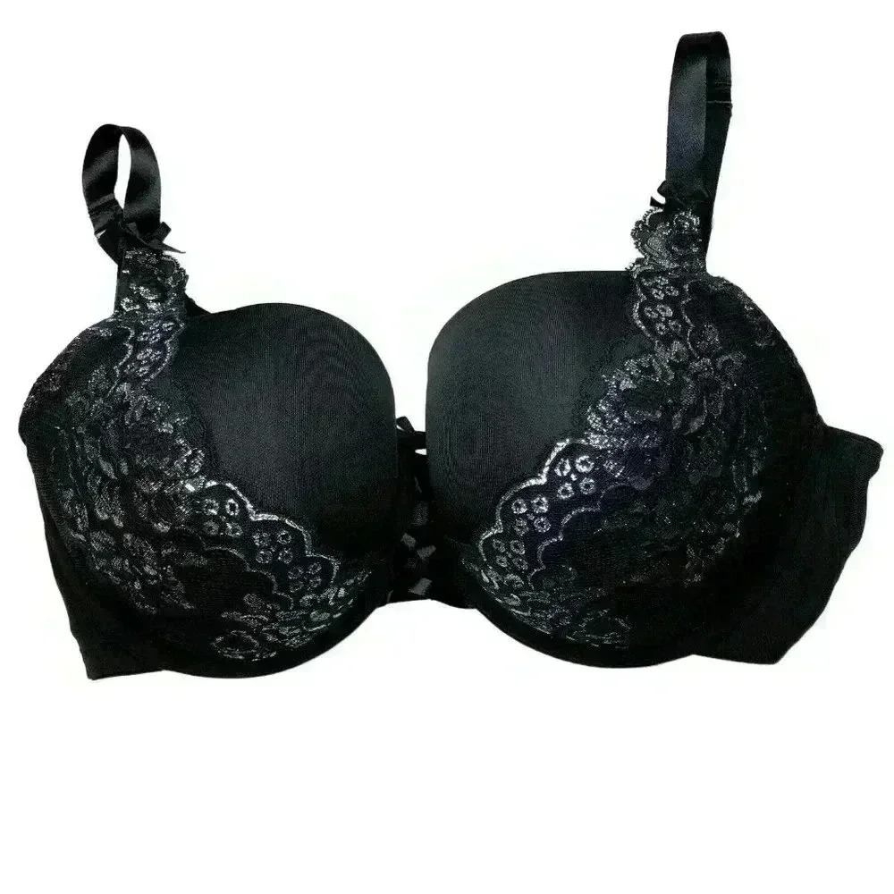 Cacique Boost Balconette bra 40DDD Underwired Bows Lacing Black Silver Lace